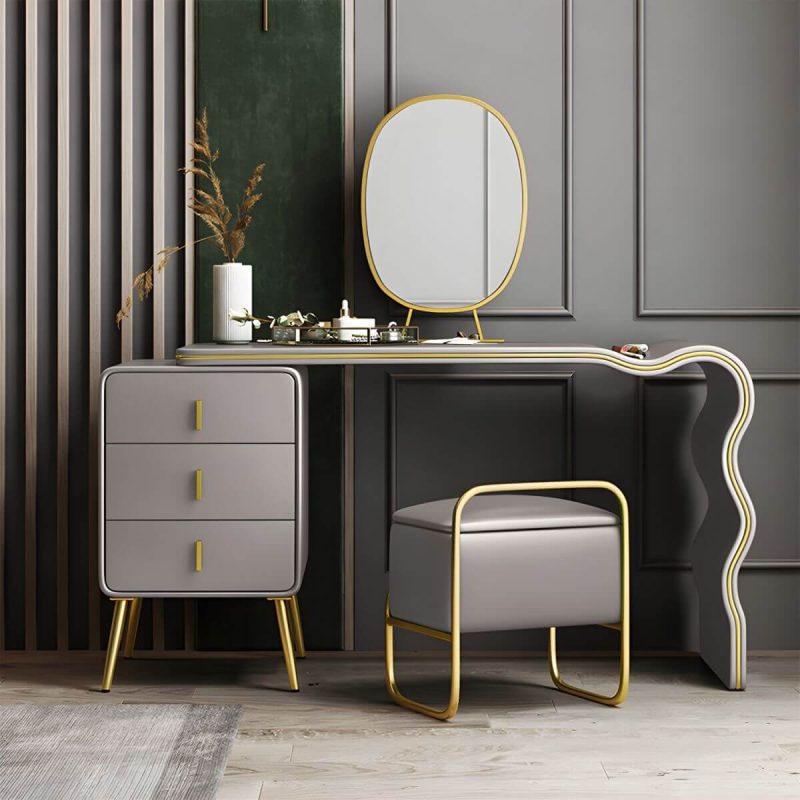 "3 Drawers Make-up Vanity Set, 28.74" H Leather Vanity with Stool & Mirror - Makeup Vanity & Mirror & Stools Grey-Gold 80 x 48 x 73 cm"
