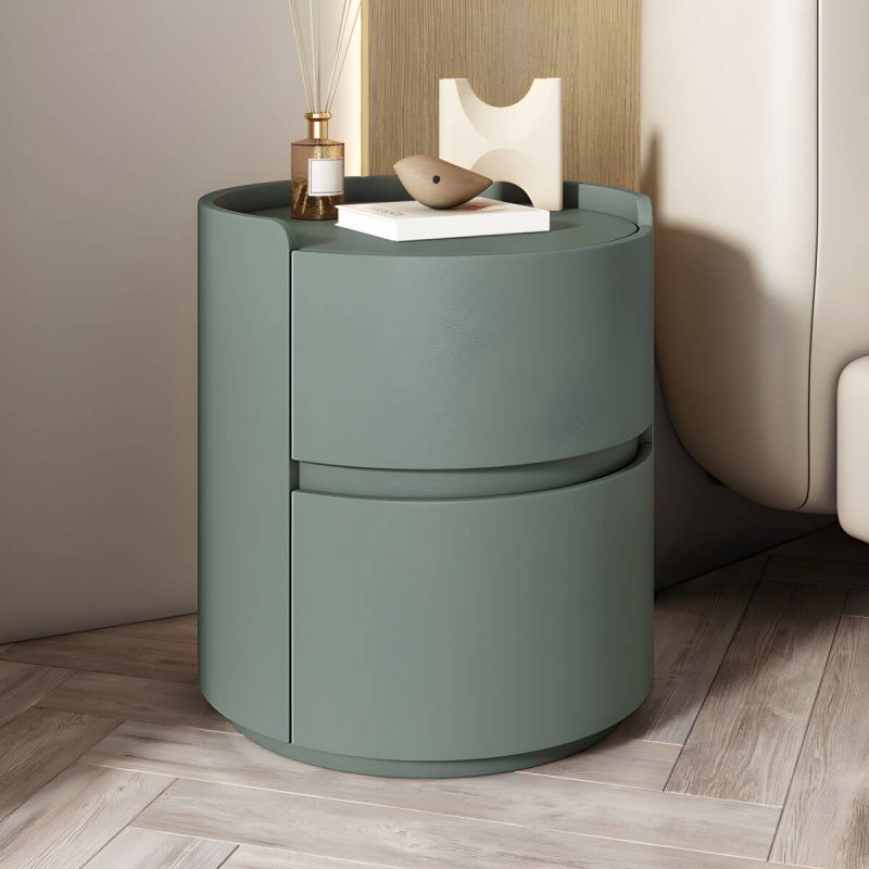 "Modern Faux Leather Round Nightstand with 2 Drawers, Light Wood Tone - Green 1 Piece 16"L x 16"W x 20"H"