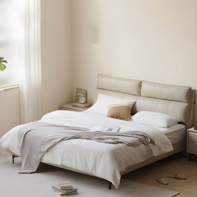 "Leather Standard Bed Contemporary Wood Frame Bed with Upholstered Headboard - 71"W x 79"L Single Bed Cream"