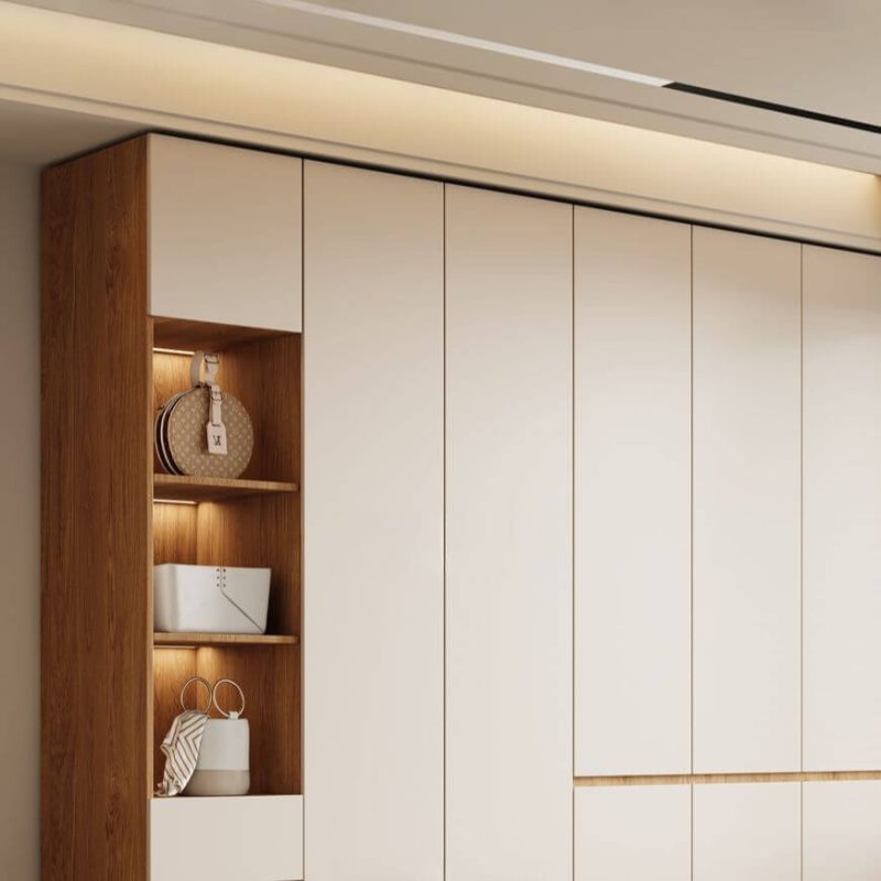 "Unattached Chalk Manufactured Wood Wardrobe Closet with Hinged Soft Close Drawer, Soft Close Door, and Interior Shelves, 83"L x 24"W x 79"H"