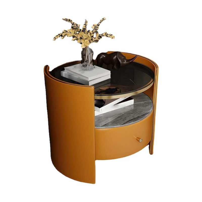 "1-Drawer Glass Top Nightstand, 19.69" Tall 1-Shelf Leather Night Stand - Gray Orange"