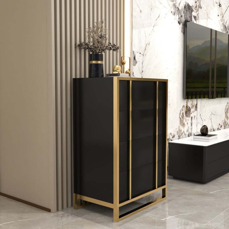 "Rimh Modern Black & Gold Wooden Chest of 4 Drawers with Stainless Steel Legs"