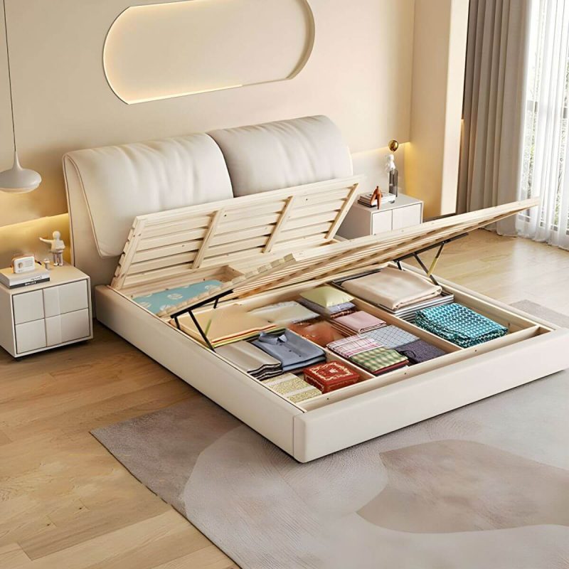 "Natural Wood Finish Pallet Bed Frame Composite Wood Panel with Sponge - 71"W x 79"L Storage Included"