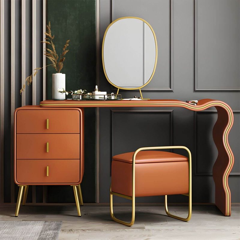 "3 Drawers Make-up Vanity Set, 28.74" H Leather Vanity with Stool & Mirror - 80 x 48 x 73 cm Makeup Vanity & Mirror & Stools Orange/ Gold"