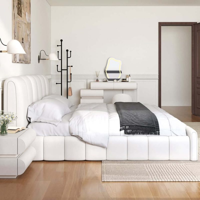 "Humply Modern Leather Wingback Queen Bed Frame with Upholstered Headboard"