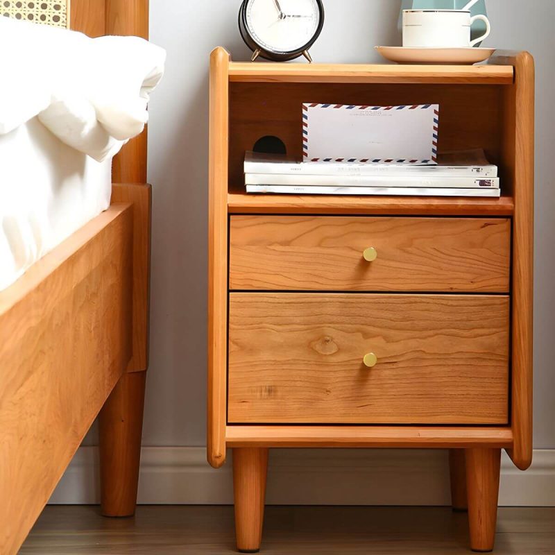 "Solid Wood Nightstands Natural Wood Color with Drawers and Open Shelf - 18"L x 16"W x 22"H"
