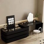 "Stylish Black Wood Large Capacity Storage Makeup Vanity with Six Drawers - Makeup Vanity & Mirror & Stools Black 91"L x 16"W x 30"H"