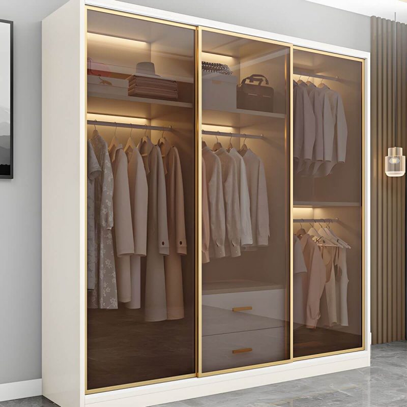 "Modern White Wood Frame Wardrobe Freestanding Wardrobe with Sliding Glass Doors - Armoire 94"L x 22"W x 79"H"
