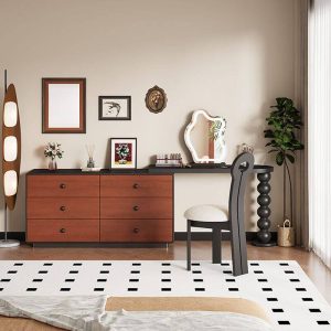 "Ink Seating Modish Vanity Set with Desk, Large Size, Standing Mirror, Timber Table Top, and Chair, Makeup Vanity (47") & Dresser (47") & Mirror & Key Chair"