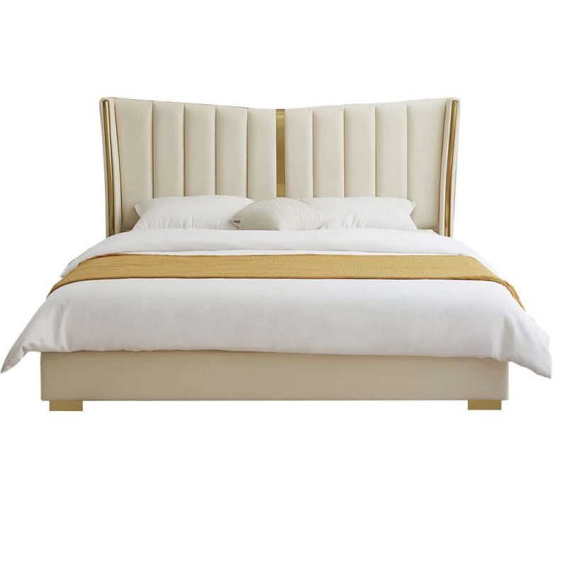 "Modern Beige King Size Bed Wingback Headboard Leather Upholstery & Gold Stainless Steel"