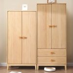 "2-Drawer Natural Finish Pine Wood Art Deco Wardrobe Armoire with Interior Shelves and Clothing Rod, 24"L x 20"W x 63"H, Long-Legged"