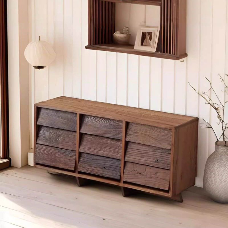 "Rustic Natural Wood Console Dresser with Wood Scoring, 9 Drawers, Horizontal Orientation, Black, 58"L x 17"W x 29"H"