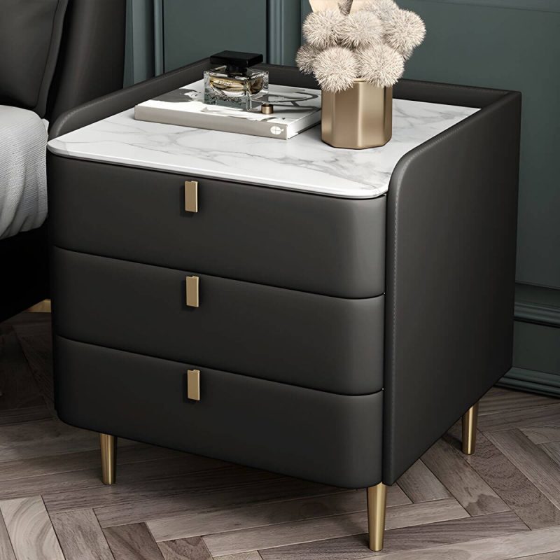 "Wooden Nightstand with 3 Drawers Contemporary 25" Tall Nightstand - Black Gold"