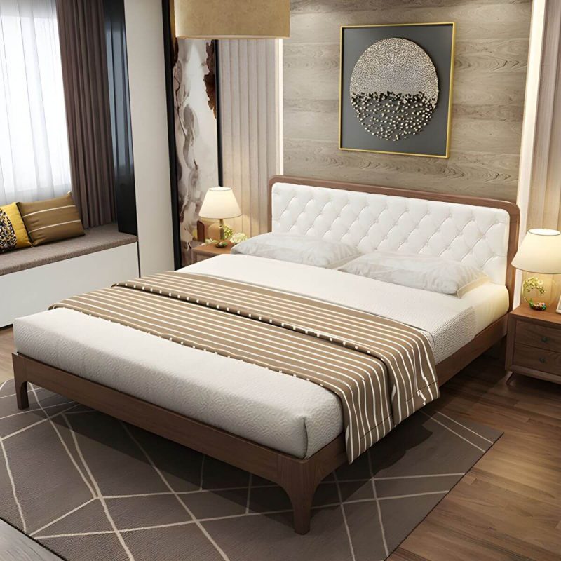 "Mid-Century Modern Upholstered Panel Bed in Genuine Leather with Tufted Headboard - Brown 71"W x 79"L"