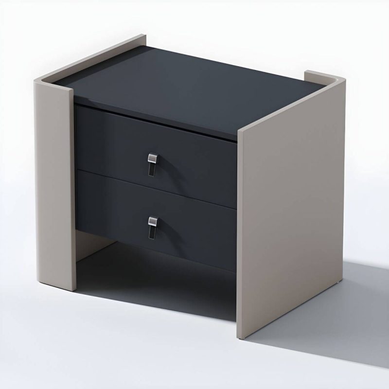 "Modern Black Wood Nightstand with 2 Drawers and Faux Leather Countertop in Small Size - Left"