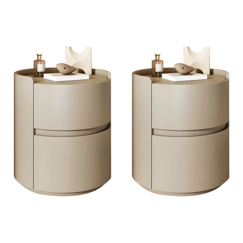 "Modern Faux Leather Round Nightstand with 2 Drawers, Light Wood Tone - Khaki 2 Piece Set 18"L x 18"W x 20"H"