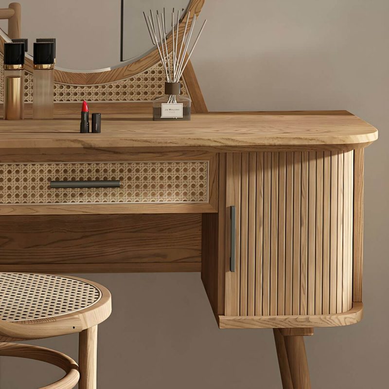 "Ash Wood Rectangle Dressing Table with Rattan Chairs and Drawers - Natural Finish"