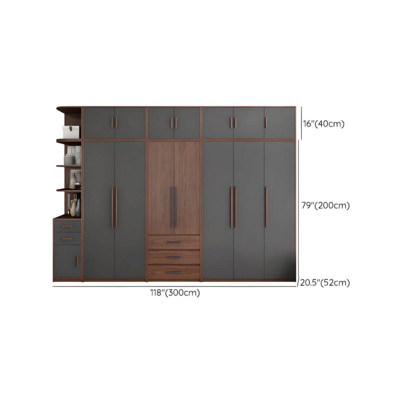 "Dimension of Traditional Wood Wardrobe Armoire with Drawers, Shelves, and Clothing Rod - Gray-Brown 118"L x 20"W x 94"H"