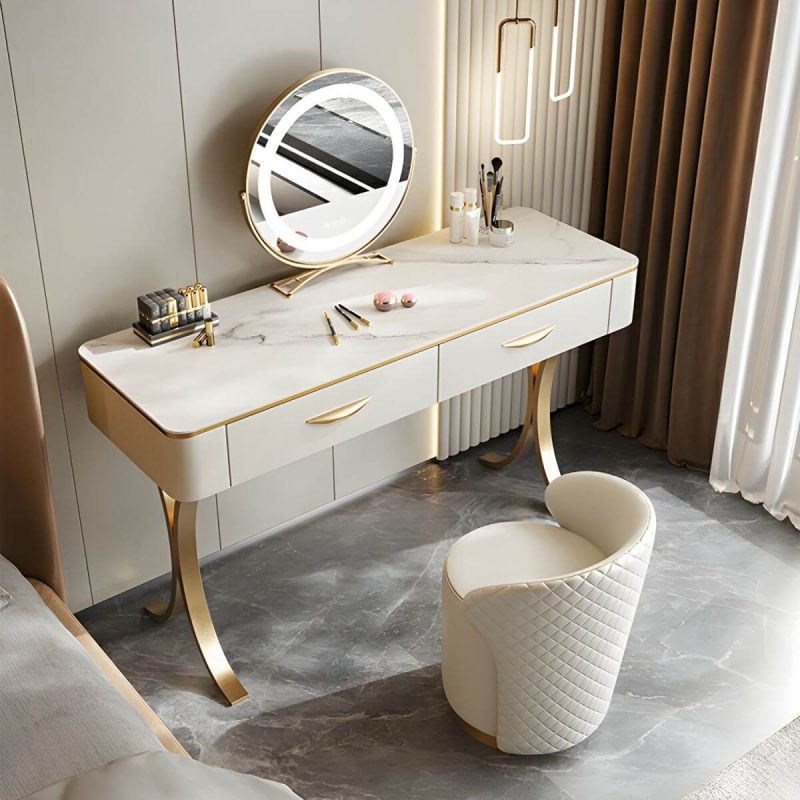"White Slate Tabletop Rectangular Dressing Table with Golden Metal Legs - Makeup Vanity & Stools 150 x 45 x 75 cm"