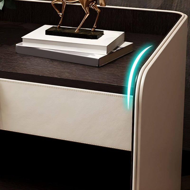 "Faux Leather Nightstand 1 - Drawer Nightstand with Wood Accents - Cream Gray 28"L x 20"W x 20"H"