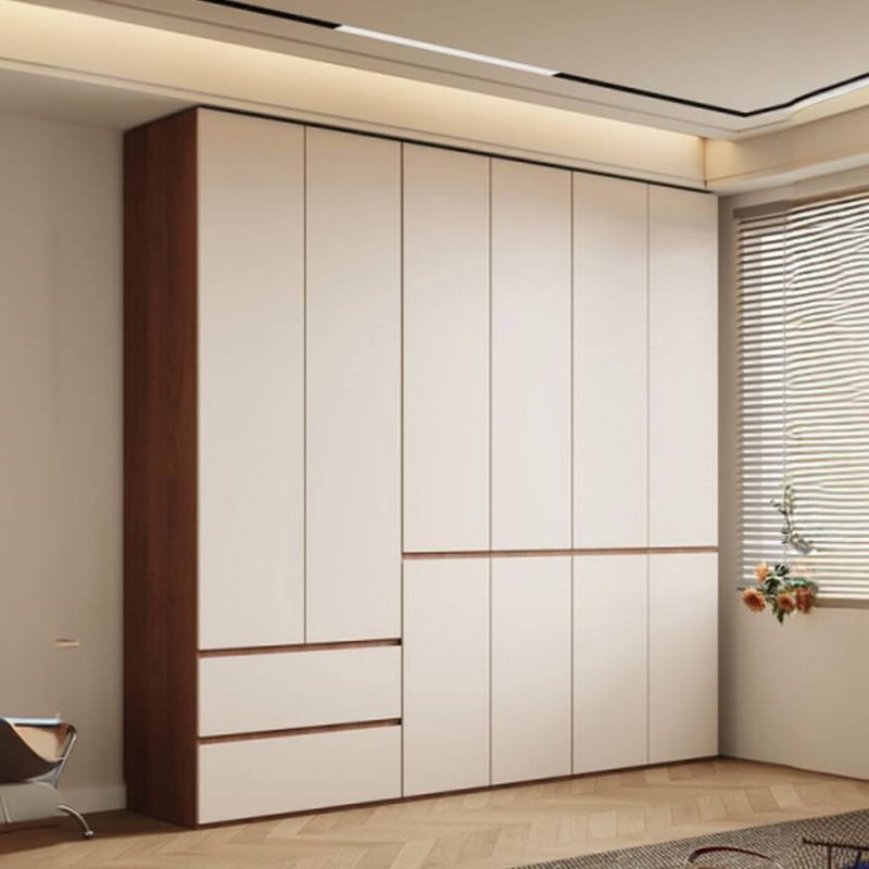 "Chalk Minimalist Natural Wood Wardrobe Armoire with Soft Close Drawer, Soft Close Door, Interior Shelves, and Hanging Rod, 63"L x 24"W x 94"H"