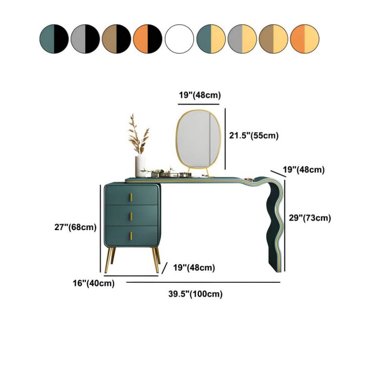 "Dimension of 3 Drawers Make-up Vanity Set, 28.74" H Leather Vanity with Stool & Mirror - Makeup Vanity & Mirror & Stools Grey-Gold 100 x 48 x 73 cm"