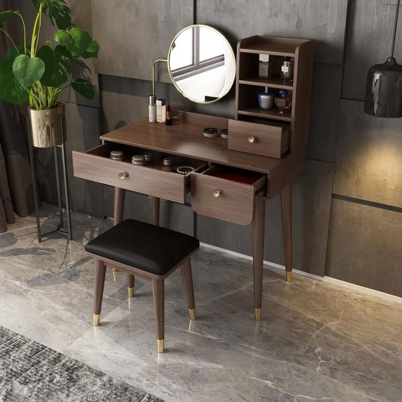 "Ultic 2 Pieces Minimalist Makeup Vanity Set in Walnut with Mirror & Stool"