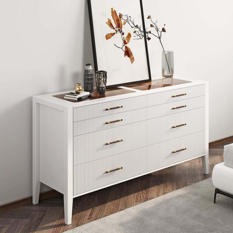 "Fluted 8-Drawer Dresser with Tempered Glass Top & Jewelry Display"