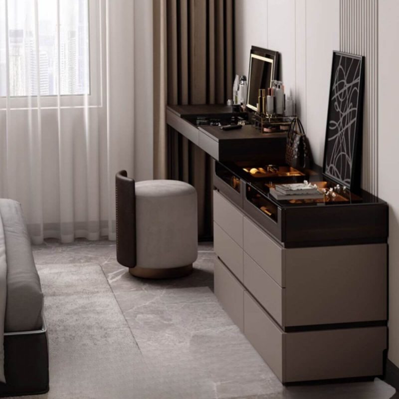 "Space-saving Vanity Set with 7 Drawers, Adjustable Brightness and Touch, Lighting, 2-in-1, Dividers Included, Makeup Vanity (47") & Dresser (22") & Mirror"