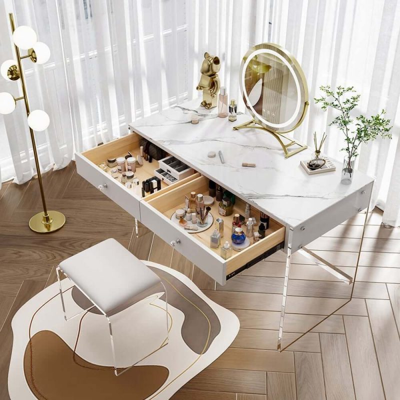 "Modern Acrylic Floating Makeup Vanity Set with LED Lighted Standing Mirror & Stool"