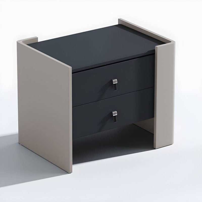 "Modern Black Wood Nightstand with 2 Drawers and Faux Leather Countertop in Small Size - Right"