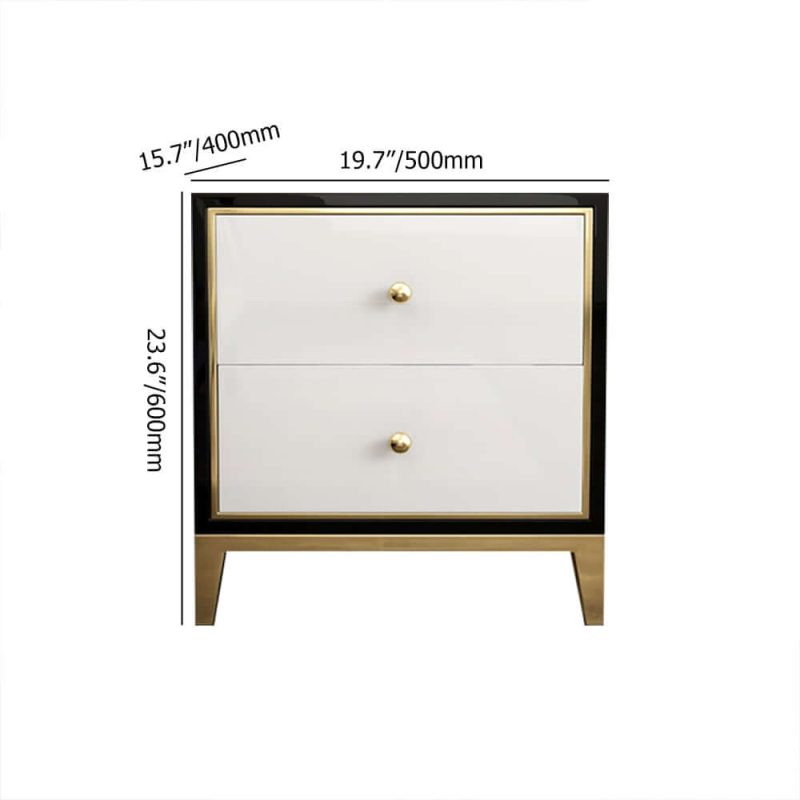 "Dimension of Modern Black & White MDF Nightstand with 2 Drawers and Stainless Steel Leg"
