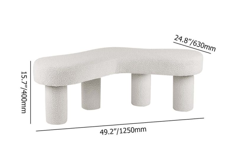 "Dimension of Modern White Bedroom Bench Boucle Tufted Long Bench with 4 Legs"