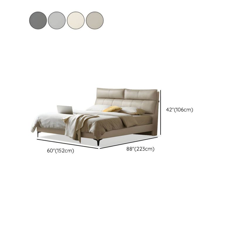 "Dimension of Leather Standard Bed Contemporary Wood Frame Bed with Upholstered Headboard - 59"W x 79"L Single Bed Off-White"