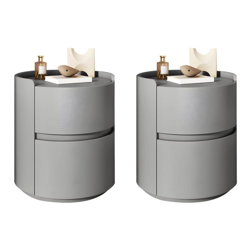 "Modern Faux Leather Round Nightstand with 2 Drawers, Light Wood Tone - Light Gray 2 Piece Set 16"L x 16"W x 20"H"
