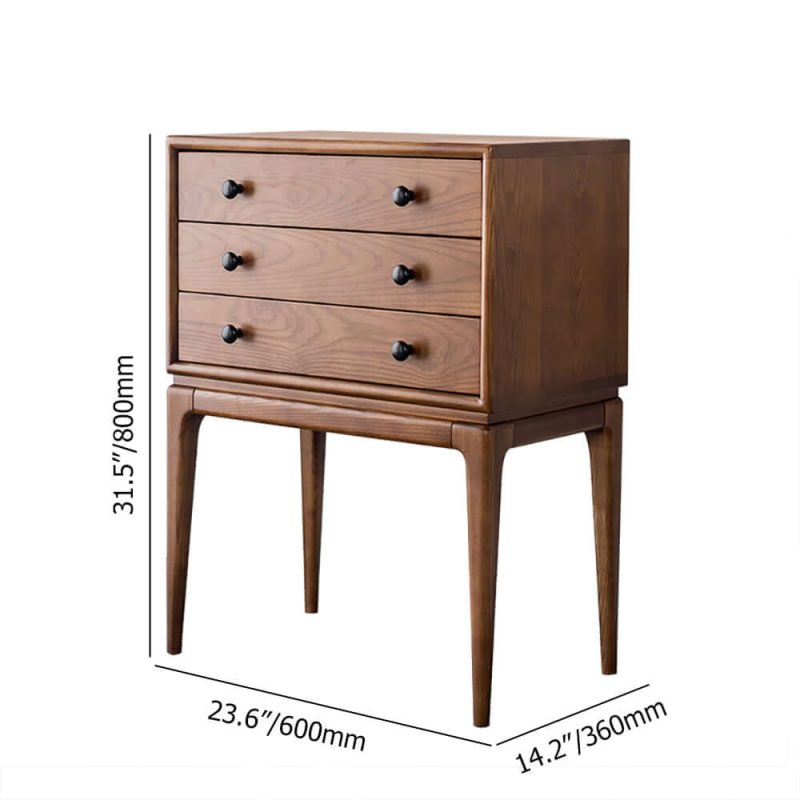 "Dimension of Tanic Mid Century Modern Chest Cabinet with Storage 3 Drawers of Ash Wood in Walnut"