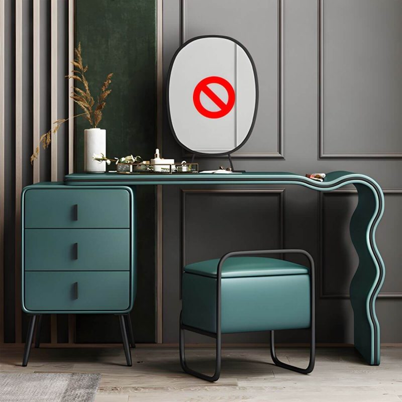 "3 Drawers Make-up Vanity Set, 28.74" H Leather Vanity with Stool & Mirror - Makeup Vanity & Stools Black/ Green 80 x 48 x 73 cm"