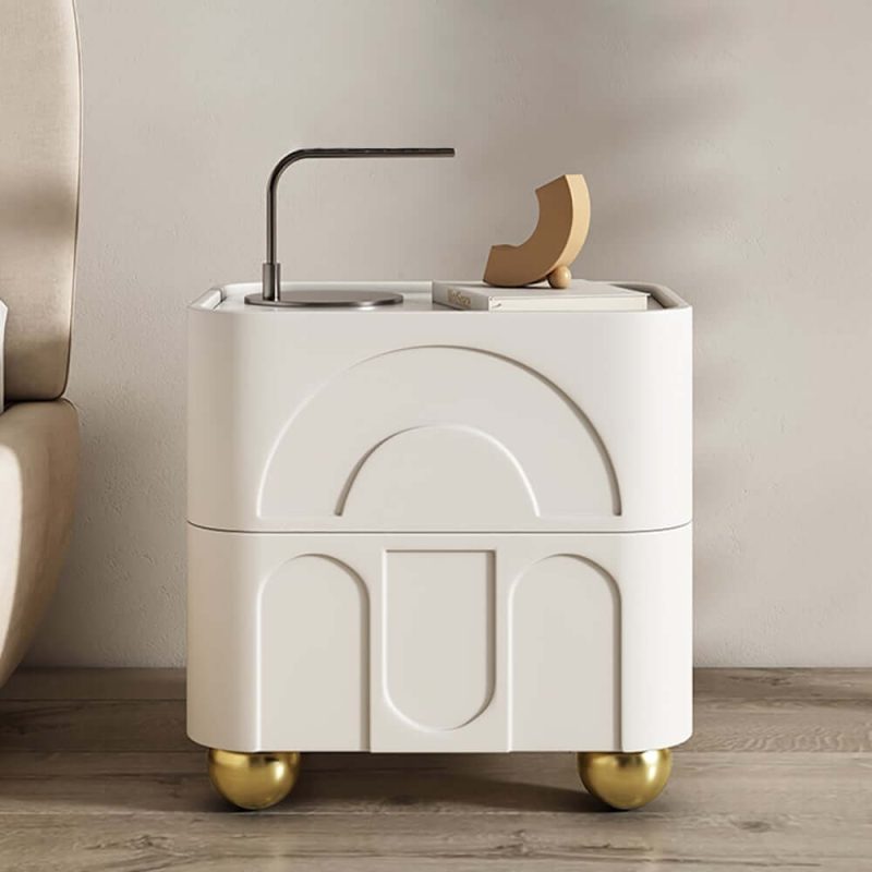 "Modern White Smart Nightstand with Wireless Charger & Sintered Stone Top Bedside Table"