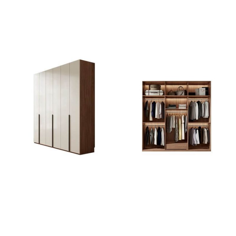 "Casual Auburn Wood Wardrobe Closet with Compartments, Interior Shelves, and Hanging Rod, 87"L x 24"W x 94"H"