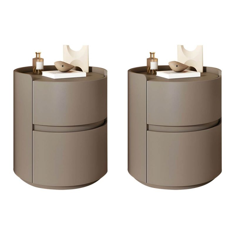 "Modern Faux Leather Round Nightstand with 2 Drawers, Light Wood Tone - Light Coffee 2 Piece Set 18"L x 18"W x 20"H"