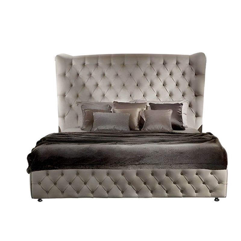"Elegant Grey Tufted Wingback Headboard with Wood Legs and Camelback Shape - 79""