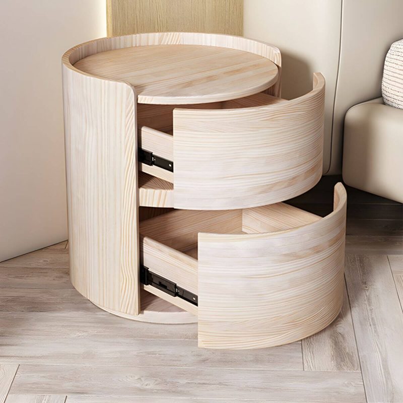 "Modern Faux Leather Round Nightstand with 2 Drawers, Light Wood Tone - Off-White 2 Piece Set 16"L x 16"W x 20"H"