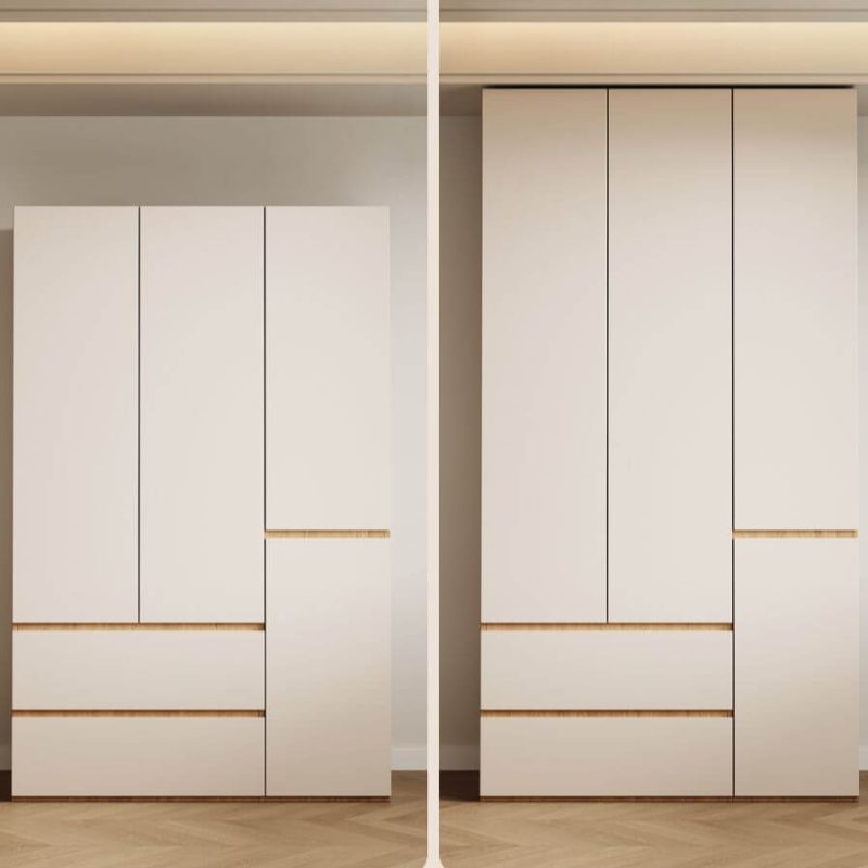 "Unattached Chalk Manufactured Wood Wardrobe Closet with Hinged Soft Close Drawer, Soft Close Door, and Interior Shelves, 55"L x 24"W x 79"H"