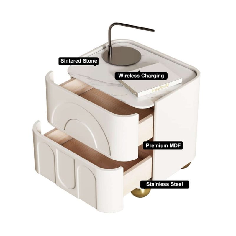 "Modern White Smart Nightstand with Wireless Charger & Sintered Stone Top Bedside Table"