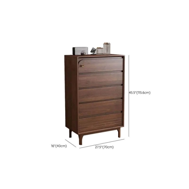 "Dimension of Modish Auburn Rubberwood Vertical Bachelor Chest with 5 Drawers, 28"L x 16"W x 46"H"