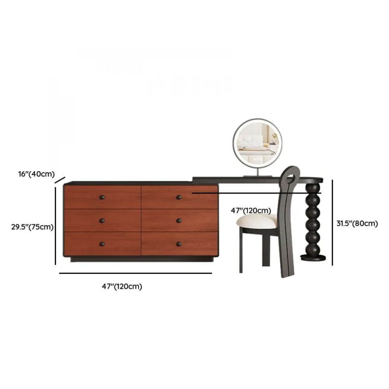 "Dimension of Ink Seating Modish Vanity Set with Desk, Large Size, Standing Mirror, Timber Table Top, and Chair, Makeup Vanity (47") & Dresser (47") & Mirror & Key Chair"