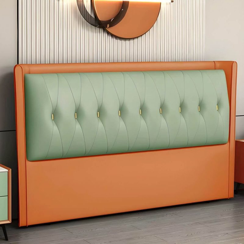 "Contemporary Headboard Bed with Tufted Leather Upholstery in Rectangular - Orange/ Green 79""