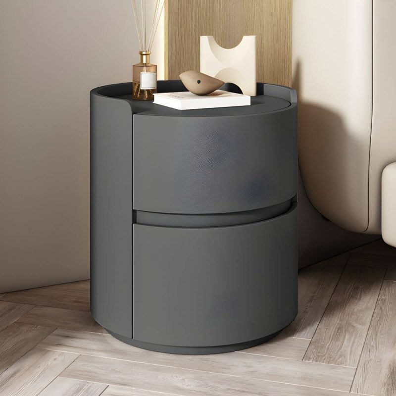 "Modern Faux Leather Round Nightstand with 2 Drawers, Light Wood Tone - Dark Gray 1 Piece 16"L x 16"W x 20"H"
