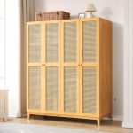"Modern Wardrobe in Wood Color with Natural Wood, Unattached Design, Interior Shelves, and Clothing Rod, 63"L x 22"W x 79"H"
