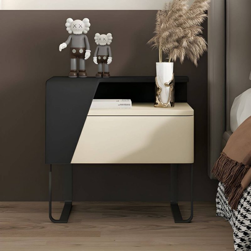 "Chic Modern Wood Bedside Cabinet with One Drawer Storage, Under 21 Inches in Length - Left Dark Gray/ Beige"